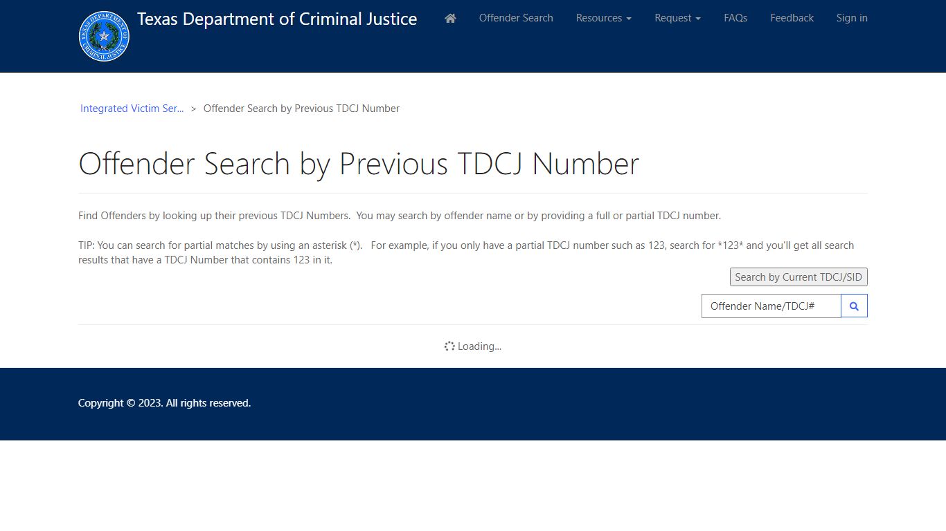 Offender Search by Previous TDCJ Number · Customer Self-Service